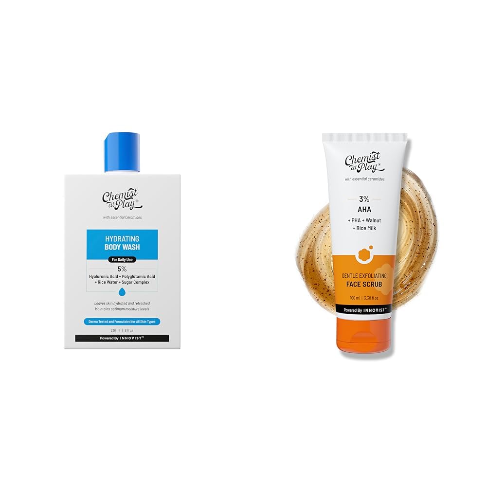 Chemist At Play Hydrating Body Wash For Women & Men | 236ml Gentle Exfoliating Face Scrub with Mandelic Acid & Walnuts for Women & Men | 100ml