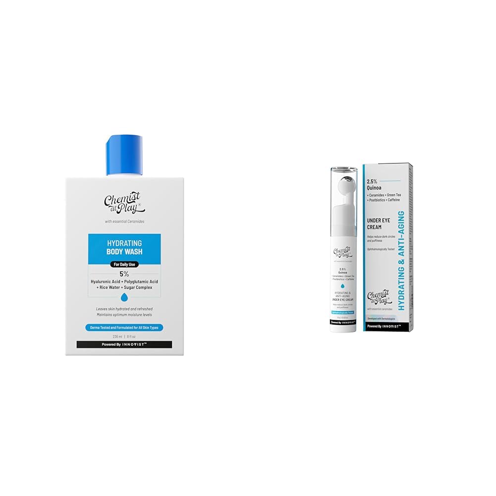 Chemist At Play Hydrating Body Wash For Women & Men | 236ml Under Eye Cream with 2% Revital Eye & Quinoa Extract Cooling Gel & Roller for Men & Women | 15 g
