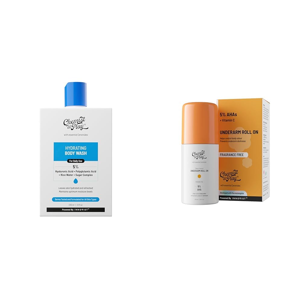 Chemist At Play Hydrating Body Wash For Women & Men | 236ml UnderArm Roll-On with 5% AHA, Lactic Acid & 1% Mandelic Acid Vegan | SLS Free | 40ml