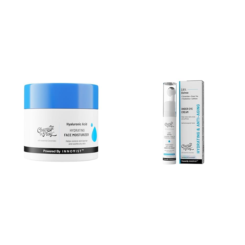 Chemist At Play Hydrating Face Moisturiser 50 gm Under Eye Cream with 2% Revital Eye & Quinoa Extract Cooling Gel & Roller for Men & Women | 15 g