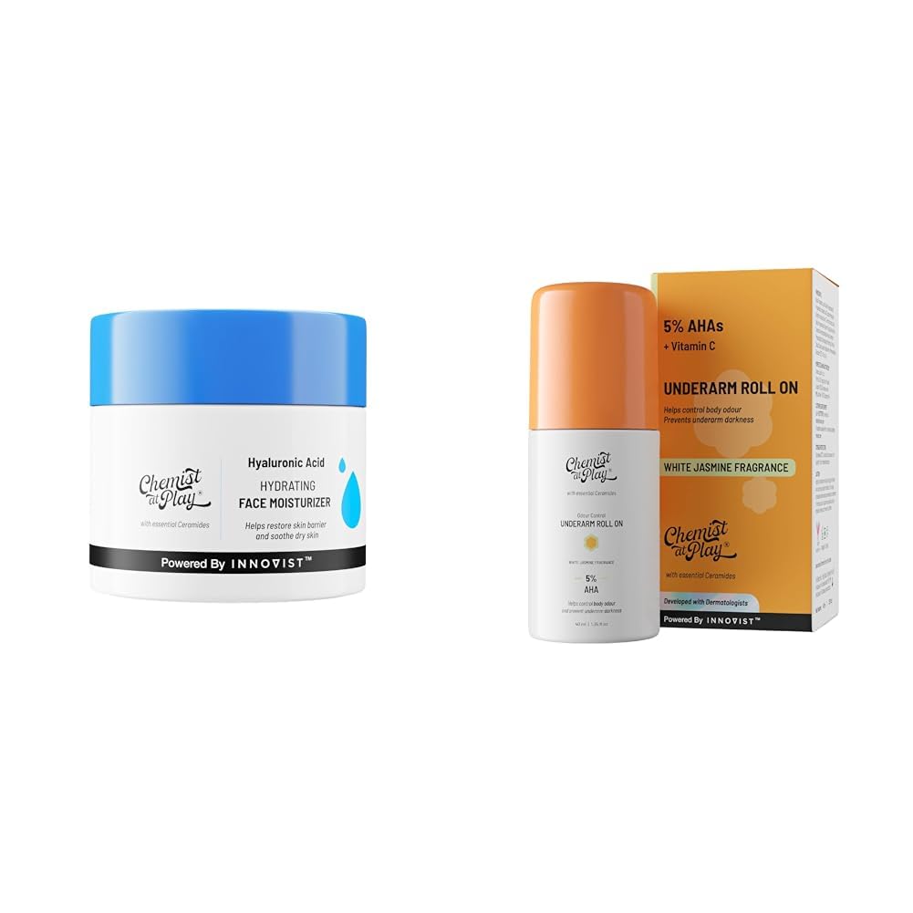 Chemist At Play Hydrating Face Moisturiser 50 gm UnderArm Roll-On Deodorant with 5% AHA, Lactic Acid & 1% Mandelic Acid Vegan | SLS Free | 40ml