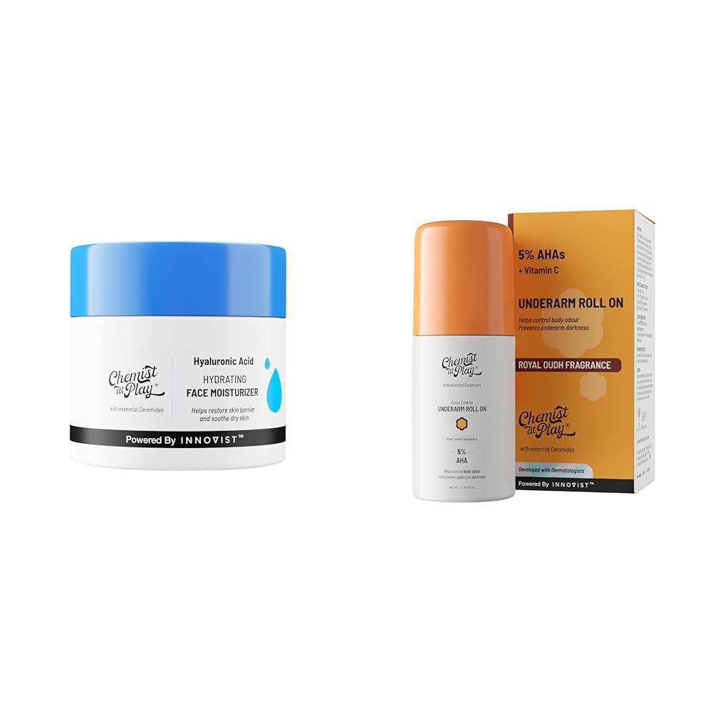 Chemist At Play Hydrating Face Moisturiser 50 gm UnderArm Roll-On Deodorant with 5% AHA, Lactic Acid & 1% Mandelic Acid Vegan | SLS Free | 40ml