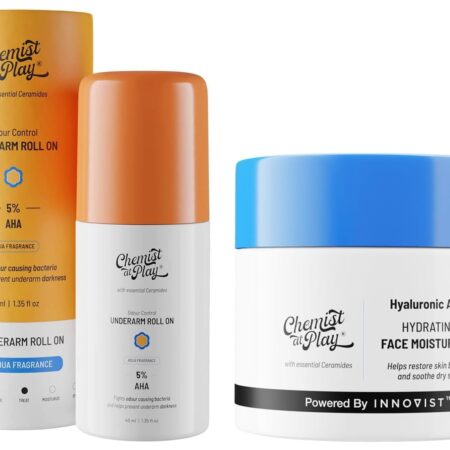 Chemist At Play Hydrating Face Moisturiser 50 gm UnderArm Roll-On with 5% AHA, Lactic Acid & 1% Mandelic Acid Vegan | SLS Free | 40ml