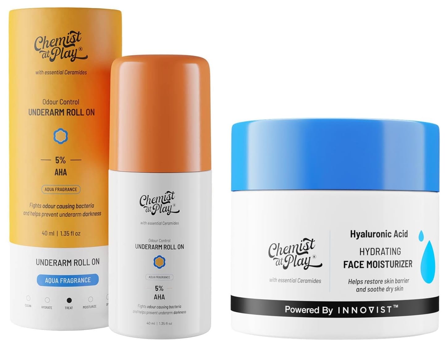 Chemist At Play Hydrating Face Moisturiser 50 gm UnderArm Roll-On with 5% AHA, Lactic Acid & 1% Mandelic Acid Vegan | SLS Free | 40ml