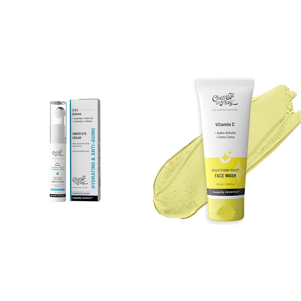 Chemist At Play Under Eye Cream with 2% Revital Eye & Quinoa Extract Cooling Gel & Roller for Men & Women | 15 g Brightening Boost Face Wash with 30x Vitamin C For Men & Women...