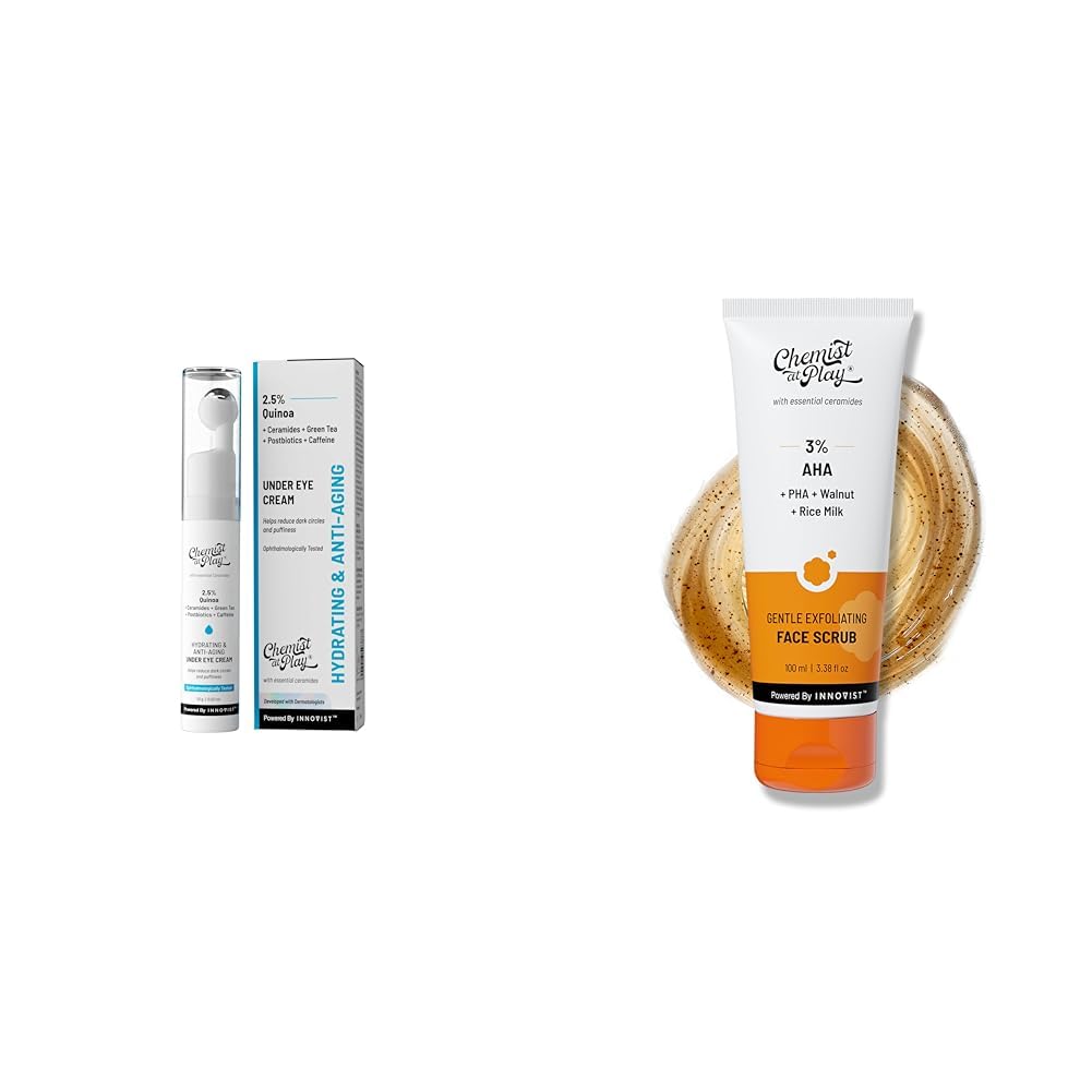 Chemist At Play Under Eye Cream with 2% Revital Eye & Quinoa Extract Cooling Gel & Roller for Men & Women | 15 g Gentle Exfoliating Face Scrub with Mandelic Acid & Walnuts for...