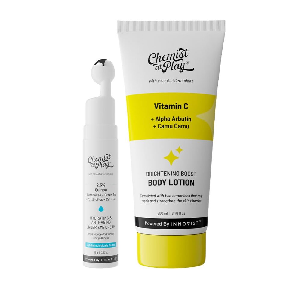 Chemist At Play Under Eye Cream with 2% Revital Eye & Quinoa Extract | For Reducing Dark Circles, 15g + Brightening Body Lotion with Ceramides | Alpha Arbutin, Camu Camu &...