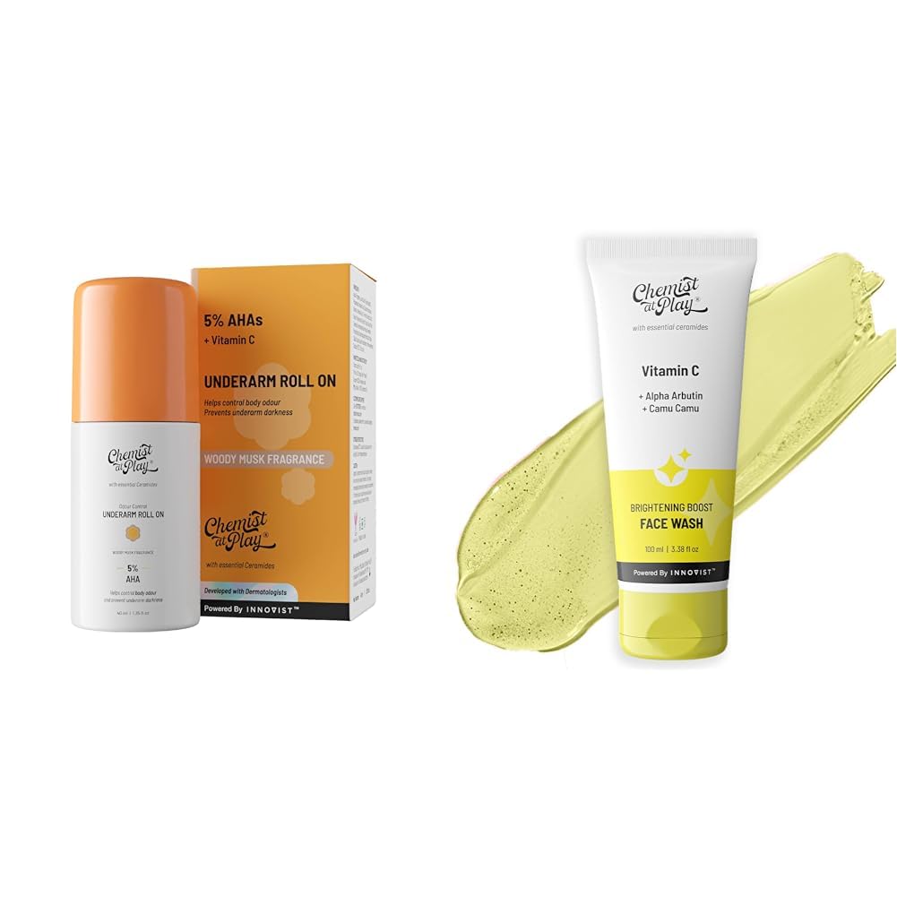 Chemist At Play UnderArm Roll-On Deodorant with 5% AHA, Lactic Acid & 1% Mandelic Acid Vegan | SLS Free | 40ml Brightening Boost Face Wash with 30x Vitamin C For Men & Women 100 ml