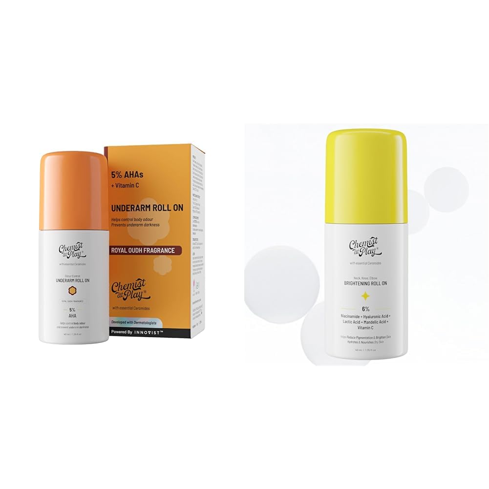 Chemist At Play UnderArm Roll-On Deodorant with 5% AHA, Lactic Acid & 1% Mandelic Acid Vegan | SLS Free | 40ml Brightening & Whitening Roll On Serum For Neck, 40ml