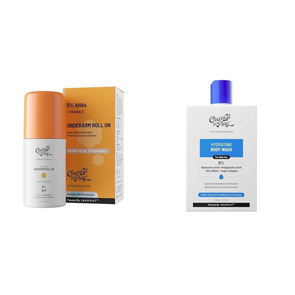 Chemist At Play UnderArm Roll-On Deodorant with 5% AHA, Lactic Acid & 1% Mandelic Acid Vegan | SLS Free | 40ml Hydrating Body Wash For Women & Men | 236ml