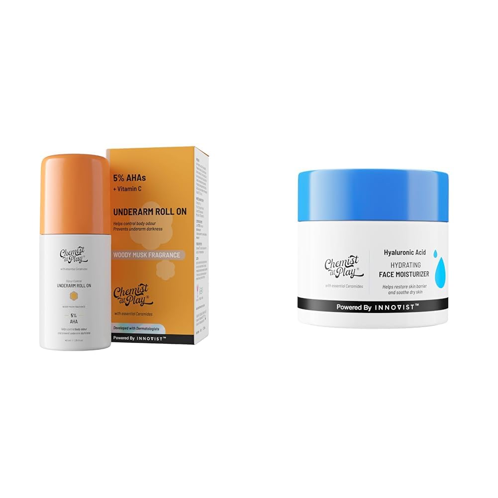 Chemist At Play UnderArm Roll-On Deodorant with 5% AHA, Lactic Acid & 1% Mandelic Acid Vegan | SLS Free | 40ml Hydrating Face Moisturiser 50 gm