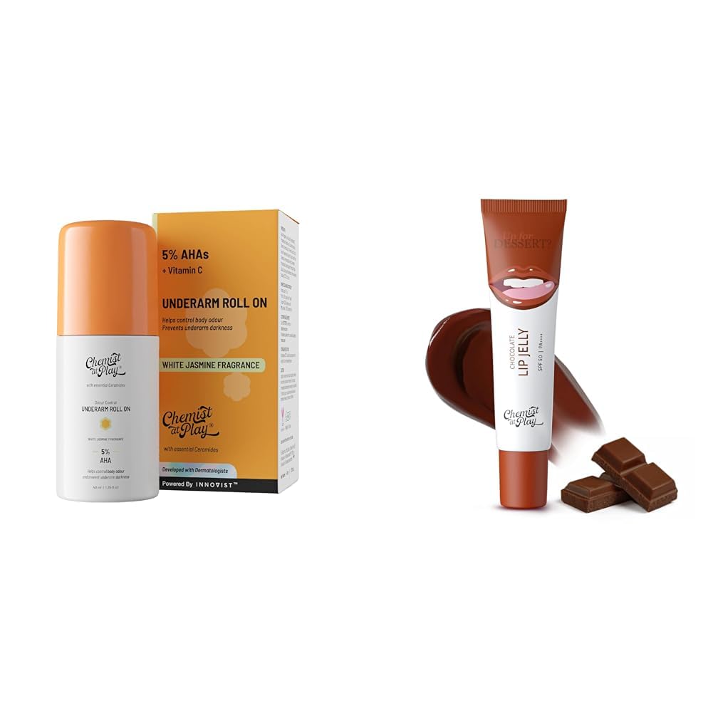 Chemist At Play UnderArm Roll-On Deodorant with 5% AHA, Lactic Acid & 1% Mandelic Acid Vegan | SLS Free | 40mlChocolate Tinted Lip Balm