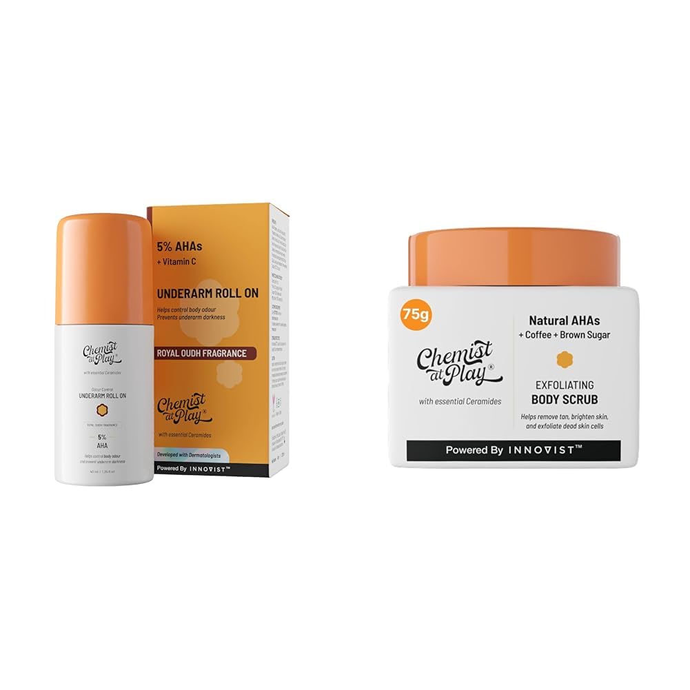 Chemist At Play UnderArm Roll-On Deodorant with 5% AHA, Lactic Acid & 1% Mandelic Acid Vegan | SLS Free | 40ml Exfoliating Body Scrub For Removing Tan & Dead Skin Cells For Men...