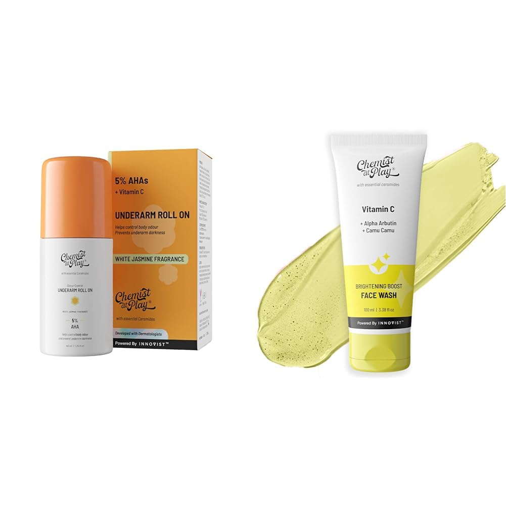 Chemist At Play UnderArm Roll-On Deodorant with 5% AHA, Lactic Acid & 1% Mandelic Acid Vegan | SLS Free | 40ml Brightening Boost Face Wash with 30x Vitamin C For Men & Women 100 ml