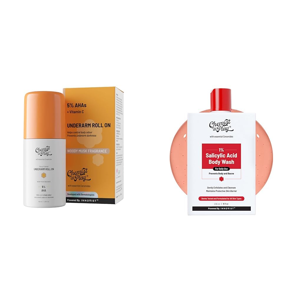 Chemist At Play UnderArm Roll-On Deodorant with 5% AHA, Lactic Acid & 1% Mandelic Acid Vegan | SLS Free | 40ml 1% Salicylic Acid Body Wash 236ml Prevents Body Acne, Bumpy Skin &...