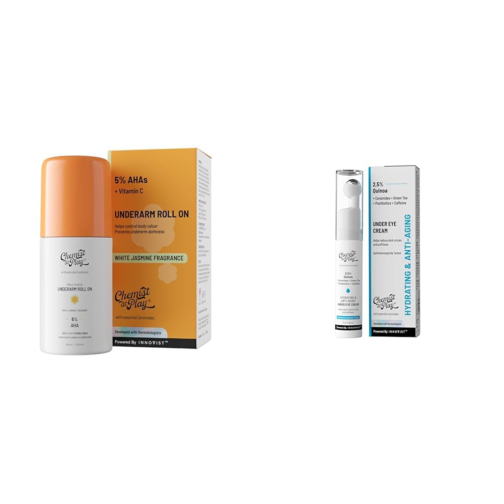 Chemist At Play UnderArm Roll-On Deodorant with 5% AHA, Lactic Acid & 1% Mandelic Acid Vegan | SLS Free | 40ml Under Eye Cream with 2% Revital Eye & Quinoafor Men & Women | 15 g