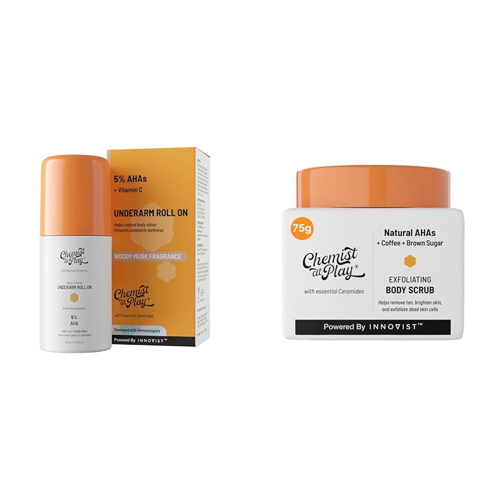 Chemist At Play UnderArm Roll-On Deodorant with 5% AHA, Lactic Acid & 1% Mandelic Acid Vegan | SLS Free | 40ml Exfoliating Body Scrub For Removing Tan & Dead Skin Cells For Men...