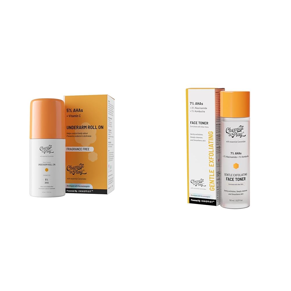 Chemist At Play UnderArm Roll-On with 5% AHA, Lactic Acid & 1% Mandelic Acid Vegan | SLS Free | 40ml Glycolic Acid Face Toner for Gentle Exfoliation & Skin Hydration| 150ml