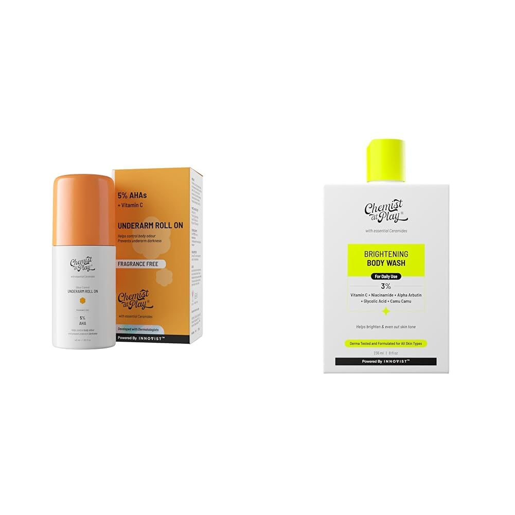 Chemist At Play UnderArm Roll-On with 5% AHA, Lactic Acid & 1% Mandelic Acid Vegan | SLS Free | 40ml Brightening Body Wash For Women & Men | 236mL