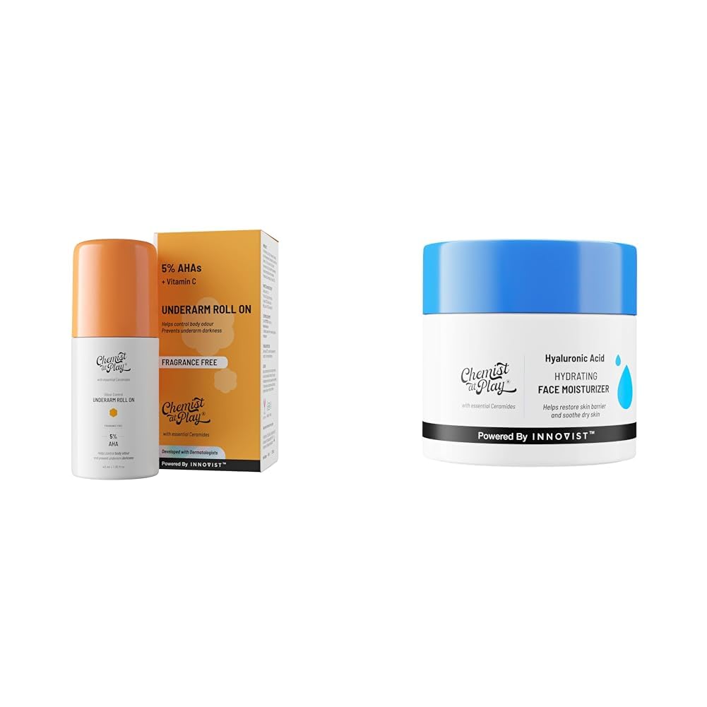 Chemist At Play UnderArm Roll-On with 5% AHA, Lactic Acid & 1% Mandelic Acid Vegan | SLS Free | 40ml Hydrating Face Moisturiser 50 gm