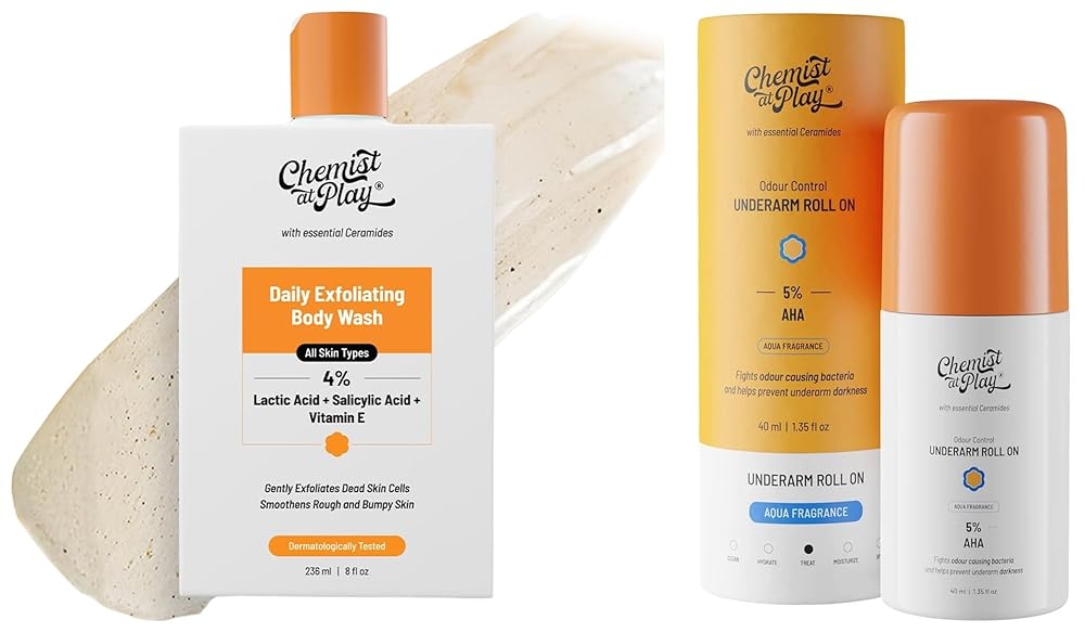 Chemist at Play UnderArm Roll-On with 5% AHA, Lactic Acid & 1% Mandelic Acid 40ml and Chemist At Play 1% Salicylic Acid Exfoliating Body Wash 236ml