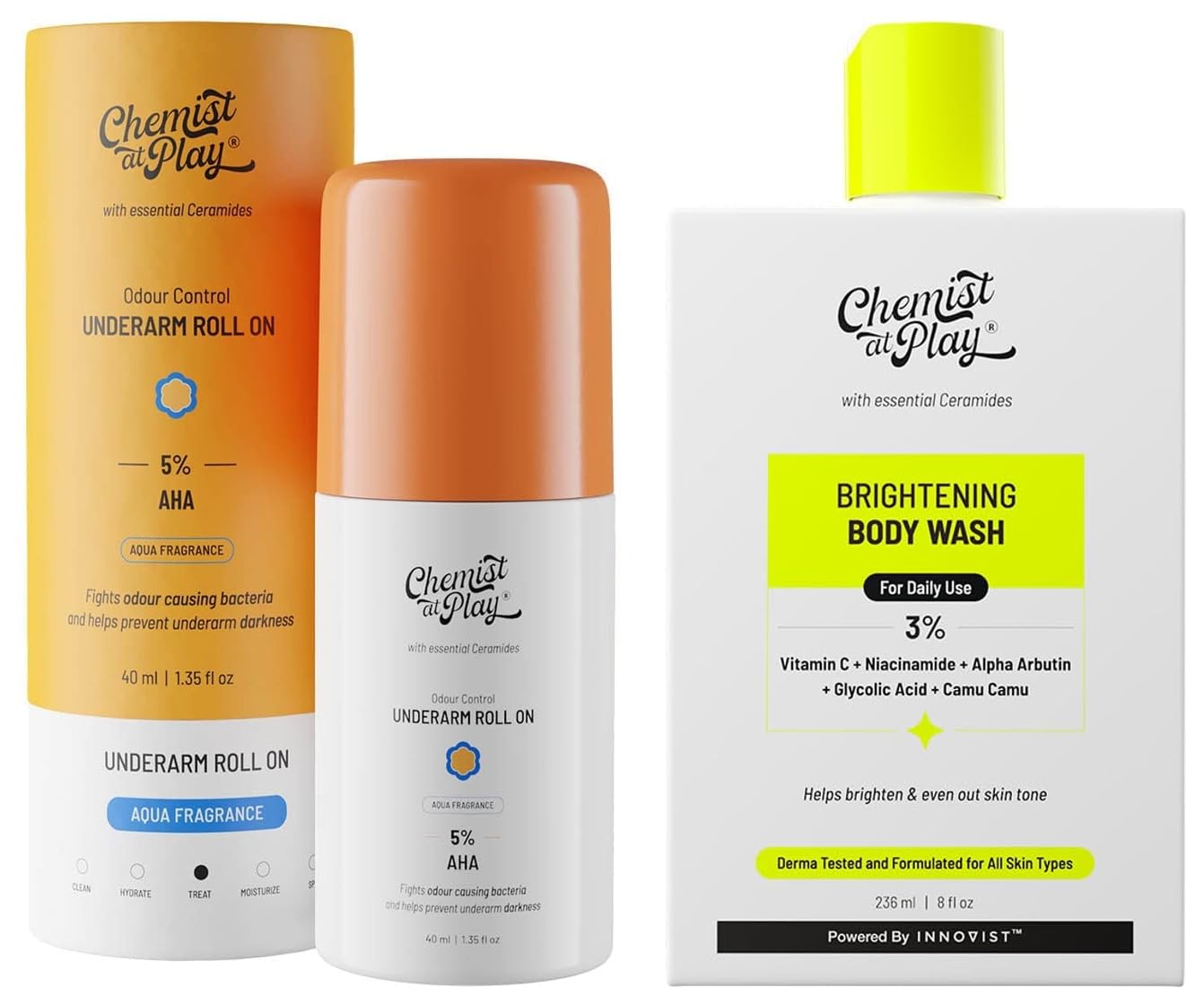Chemist At Play UnderArm Roll-On with 5% AHA, Lactic Acid & 1% Mandelic Acid Vegan | SLS Free | 40ml Brightening Body Wash For Women & Men | 236mL