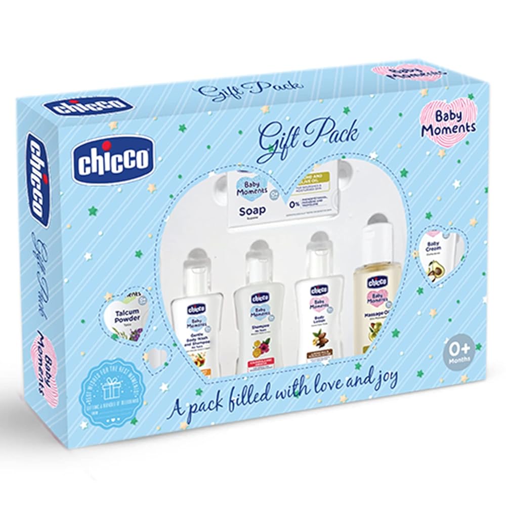 Chicco Baby Moments Baby Caring Gift Pack (Blue) with 7 Baby Skincare & Haircare Products | Baby Care Gift Set for Newborn Baby Shower, New Parents, and Birthdays |...