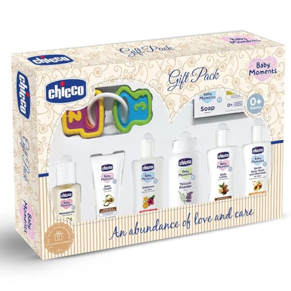 Chicco Baby Moments Delight Gift Pack (Beige) with 7 Baby Skin & Haircare Products and a Rattle Toy | Baby Care Gift Set for Newborn Baby Shower, New Parents, and Birthdays |...