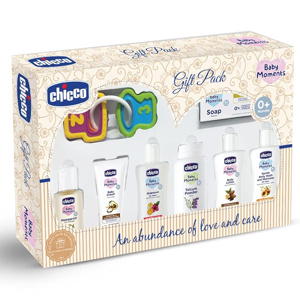 Chicco Baby Moments Delight Gift Pack (Beige) with 7 Baby Skin & Haircare Products and a Rattle Toy | Baby Care Gift Set for Newborn Baby Shower, New Parents, and Birthdays |...