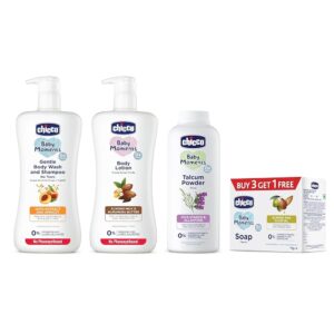 Chicco Bathing Kit - Gentle Bodywash 500ml, Lotion 500ml, Talcum Powder 300g & BM Soap Buy 3 Get 1 Free