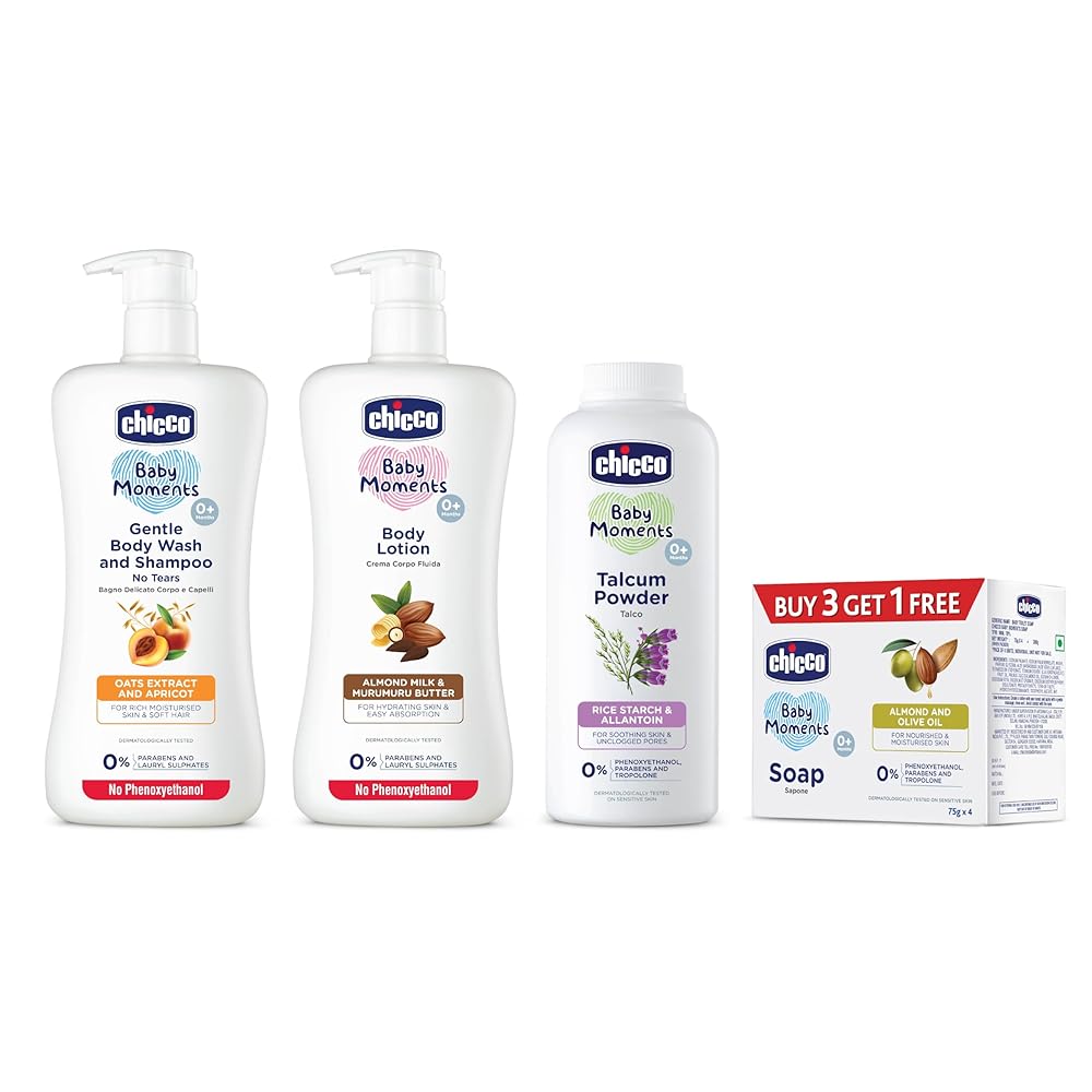 Chicco Bathing Kit - Gentle Bodywash 500ml, Lotion 500ml, Talcum Powder 300g & BM Soap Buy 3 Get 1 Free
