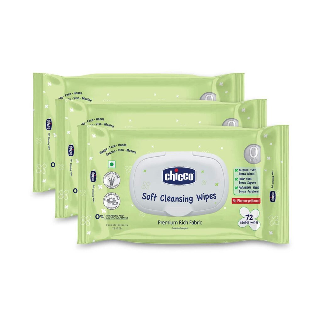 Chicco Fliptop Soft Cleansing Wipes combo (Pack of 3, 72 Count per Pack) - Chicco