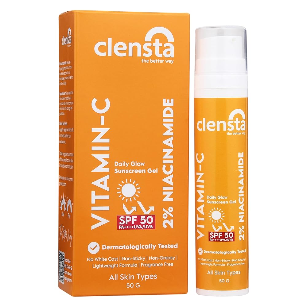 Clensta Daily Glow Sunscreen Gel Spf 50 Pa++++ With Vitamin C, Niacinamide & Squalane, Uva/Uvb Filters - No White Cast, Lightweight & Anti-Tan Formula|For Men & Women, 50 Gm|For...