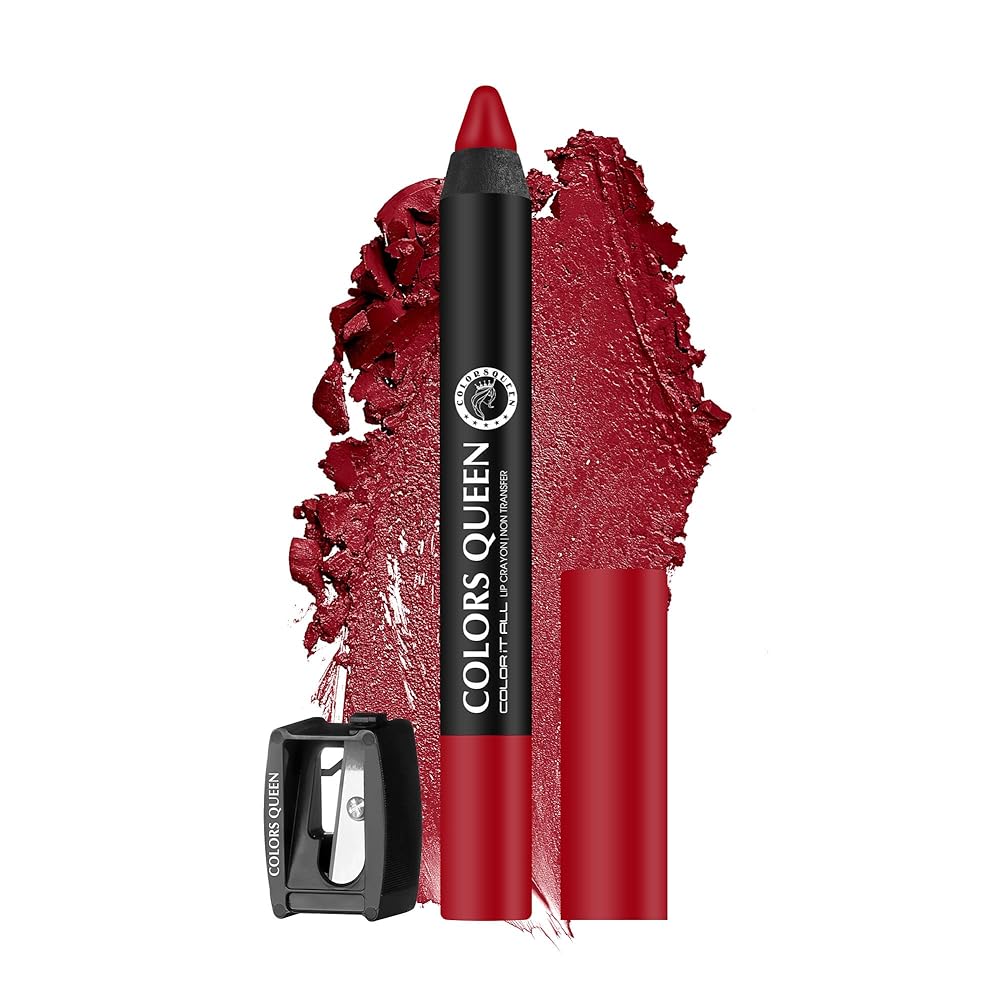 Colors Queen Color It All Lip Crayon Lipstick with Sharpener | Creamy Matte Finish | Smudge Proof & Waterproof | Long Lasting Crayon Lipstick for Women Last Upto 18 Hours (Blood...