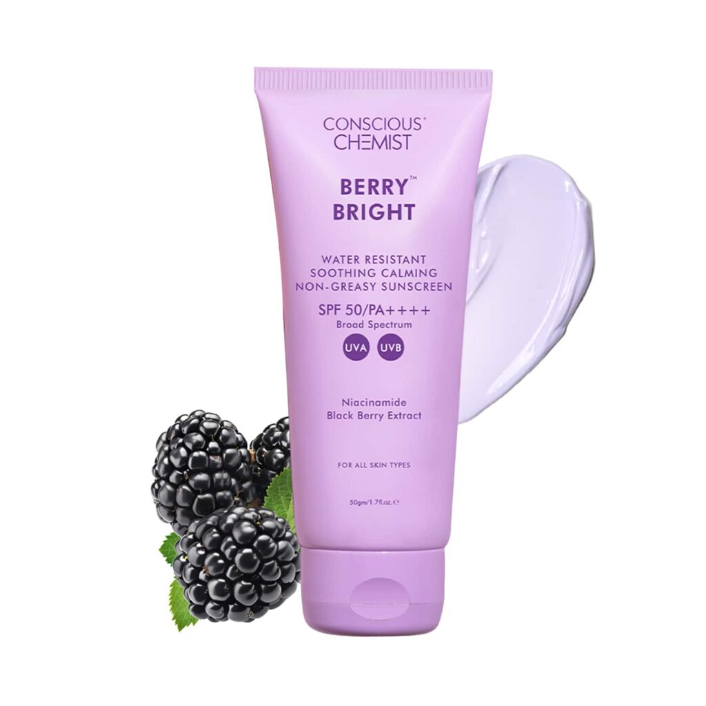 Conscious Chemist Berry Bright Sunscreen for Oily Skin SPF 50 PA ++++ UVA/UVB, Non-Greasy (50g) - Conscious Chemist