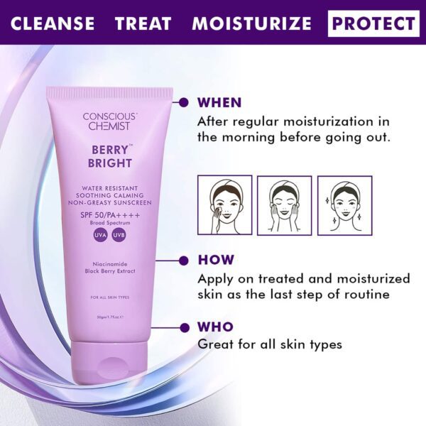 Conscious Chemist Berry Bright Sunscreen for Oily Skin SPF 50 PA ++++ UVA/UVB, Non-Greasy (50g) - Conscious Chemist