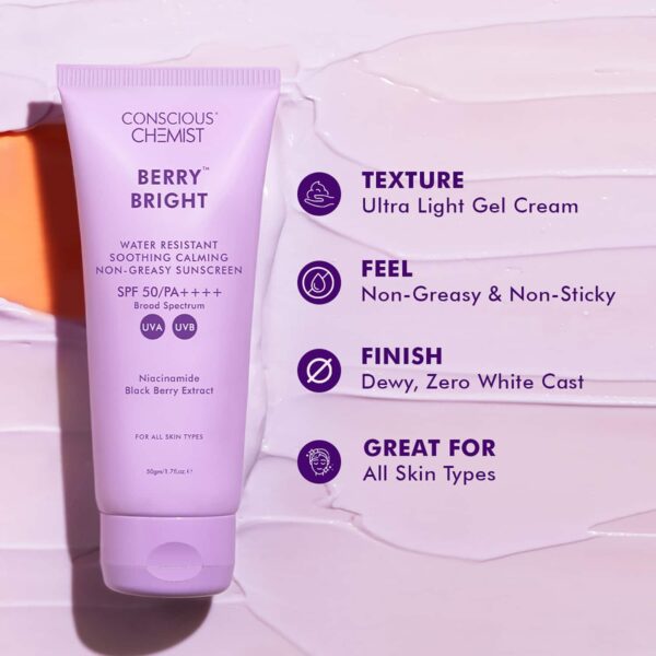 Conscious Chemist Berry Bright Sunscreen for Oily Skin SPF 50 PA ++++ UVA/UVB, Non-Greasy (50g) - Conscious Chemist