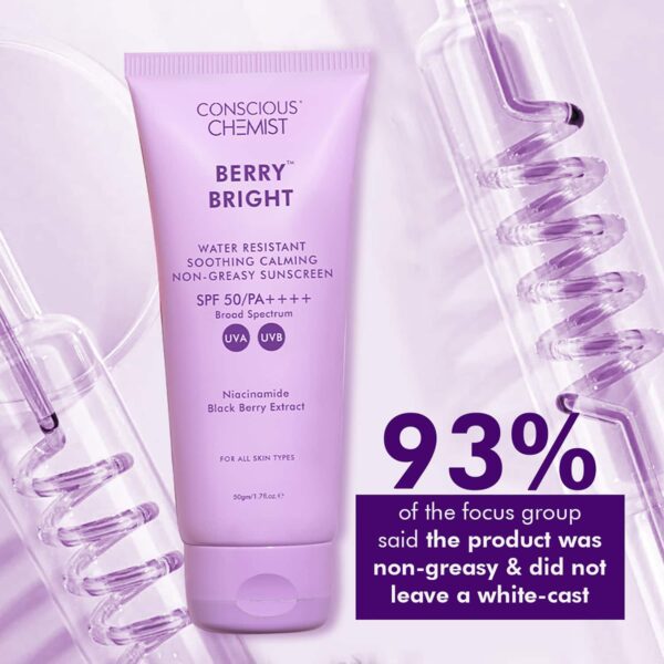 Conscious Chemist Berry Bright Sunscreen for Oily Skin SPF 50 PA ++++ UVA/UVB, Non-Greasy (50g) - Conscious Chemist