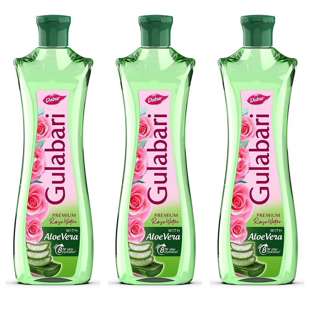 Dabur Gulabari Premium Rose Water with Aloe Vera - 1200 ml (400ml x 3) | Upto 8 HR Skin Hydration | Cleanses, Tones and Moisturises Skin | For All Skin Types