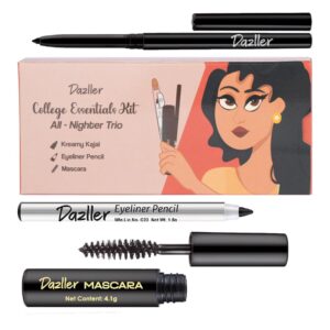 Dazller College Makeup Essentials 3 - All Nighter Trio|Kajal|Mascara|Eyeliner|Water-Resistant|Smudge-proof|Starter Makeup Kit for Women|5.95g