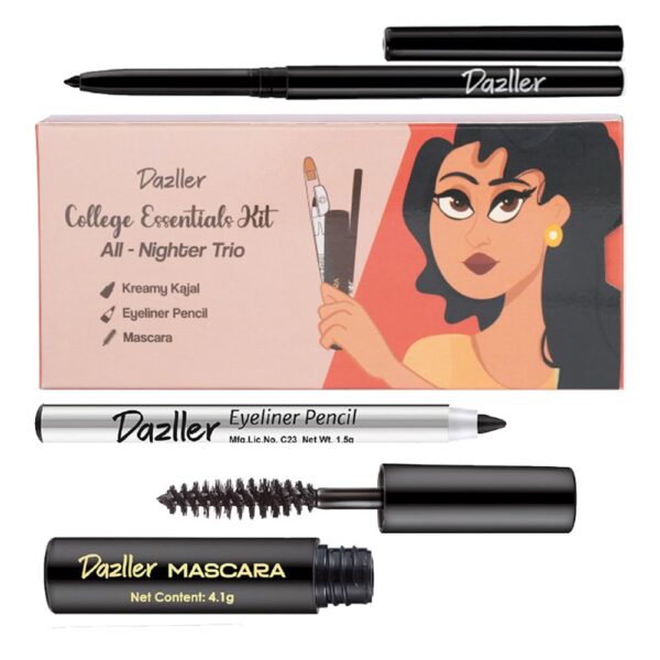 Dazller College Makeup Essentials 3 - All Nighter Trio|Kajal|Mascara|Eyeliner|Water-Resistant|Smudge-proof|Starter Makeup Kit for Women|5.95g