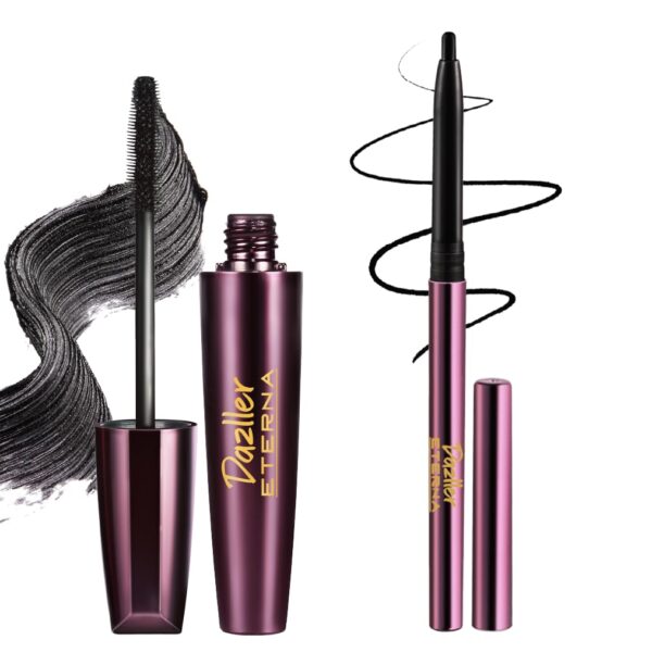 Dazller Eterna Black-finity Kajal, 0.35g, + Mascara With Herbal, 15g, Matte, Ultra-creamy Texture, Rich Color Payoff, 8-hr Power Stay, Waterproof, Smudge-free, Enriched with Herbal