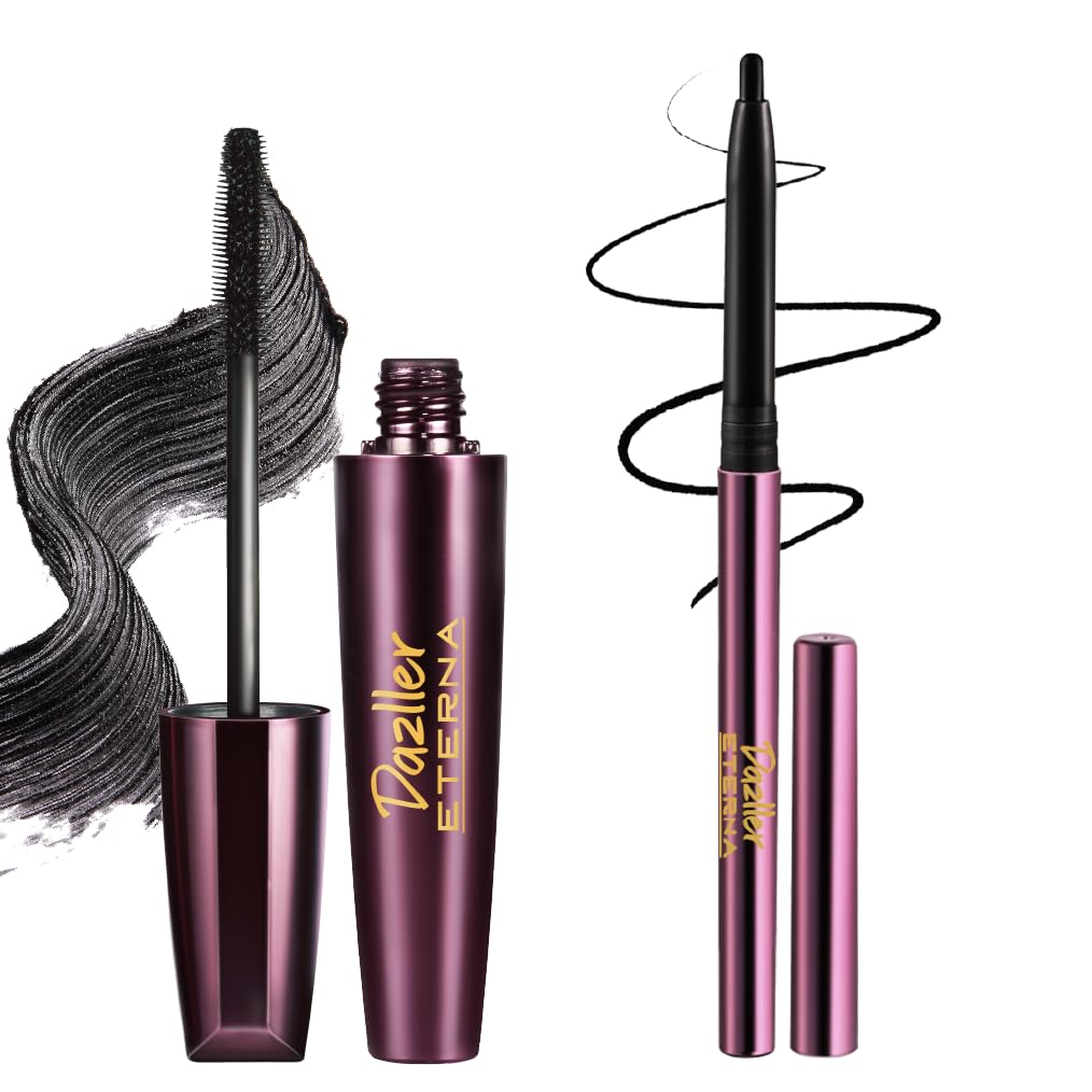 Dazller Eterna Black-finity Kajal, 0.35g, + Mascara With Herbal, 15g, Matte, Ultra-creamy Texture, Rich Color Payoff, 8-hr Power Stay, Waterproof, Smudge-free, Enriched with Herbal