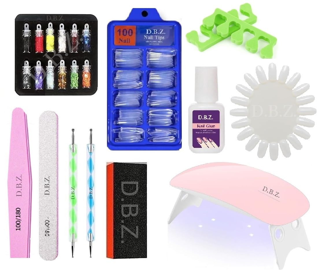 D.B.Z.® Nail Art Kit 12 Bottles Glitter Stones,100 Nails Transparent ,Mini Uv Lamp , Nail Display Board ,Nail Buffer, Nail Dotting Pen with Glue - Nails Kit
