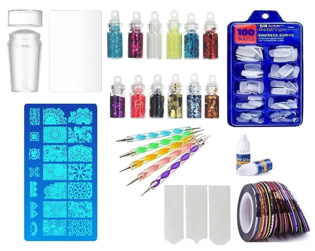 D.B.Z. ® Nail Art Kit 12 Glass Bottles Glitters (Assorted) 1 Clear Jelly Stamper with Scraper 1 Pc Stamp Plates 5 Dotting Pens 100 Fake Nails 5 Nail Tapes 1 Nail Tipping Guide...