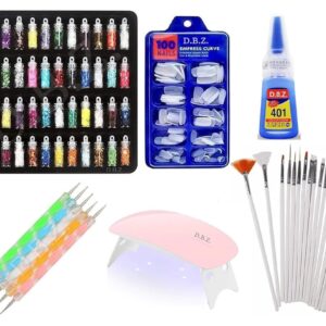 D.B.Z.® Nail Art Kit - 48 Pcs Glass Bottles Glitter Stones, 100 Nails, Nail UV Lamp, 15 Nail Art brush, 5 Nail Dotting Pen with 1 Glue