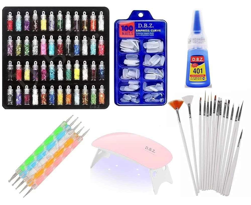 D.B.Z.® Nail Art Kit - 48 Pcs Glass Bottles Glitter Stones, 100 Nails, Nail UV Lamp, 15 Nail Art brush, 5 Nail Dotting Pen with 1 Glue