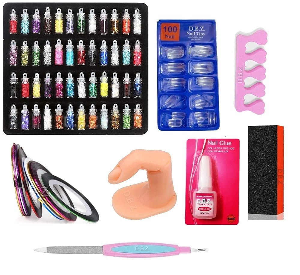 D.B.Z. ® Nail Art Kit - 48 Pcs Glass Bottles Multicolor Glitter,100 Tansparent Nails,5 Nail Tapes,1 Nail Practice Finger,1 Nail Art Buffer,1 Nail Glue,1 Sponge Toe Separator, 1...