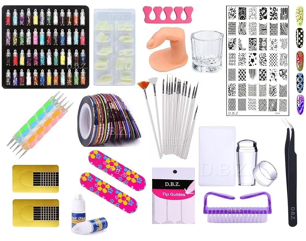 D.B.Z.® Nail Art Kit - Glass Bottles Glitter,100 Nails,5 Nail Tapes, Stamping Plate, Stamper with Scrapper, Nail Extension guide All in One Nail Art Kit For Home Use, Learners &...