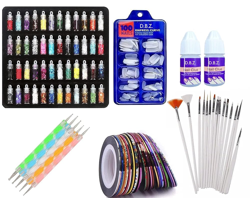 D.B.Z. Nail Art Kit - Glass Bottles, Glitter Stones, 100 Nails, 10 Tapes, 15 Brushes, 5 Dotting Pens with 2 Glue - 48 Pieces